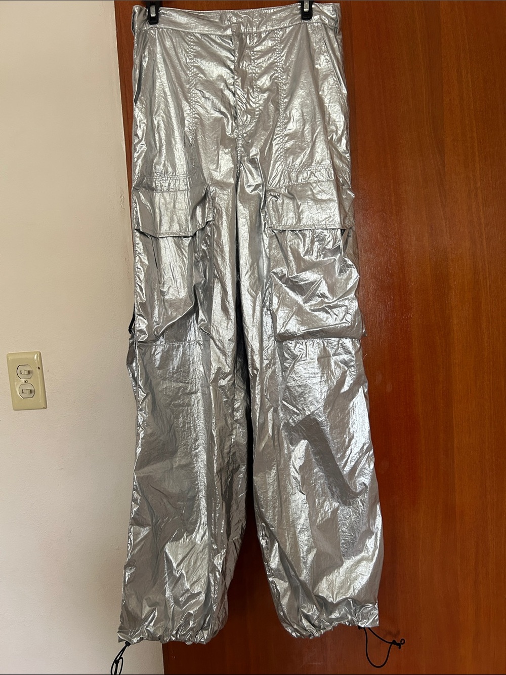 Metallic Silver Cargo Pants - Women's Reflective Utility Trousers- size small